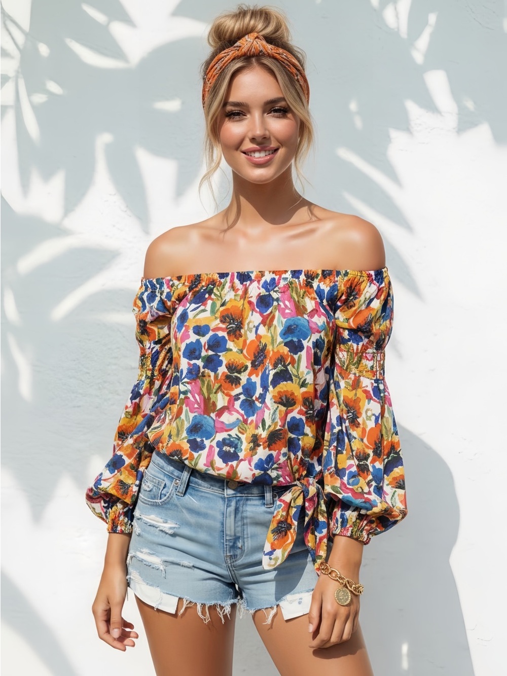 Coco Bianco Off-Shoulder Floral Blouse in Orange, Blue and Pink